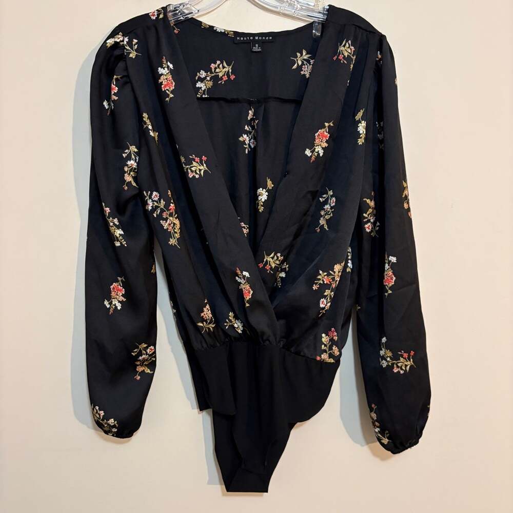 Haute Monde Floral Bodysuit Womens S Black Surplice Wrap Long Sleeve Top